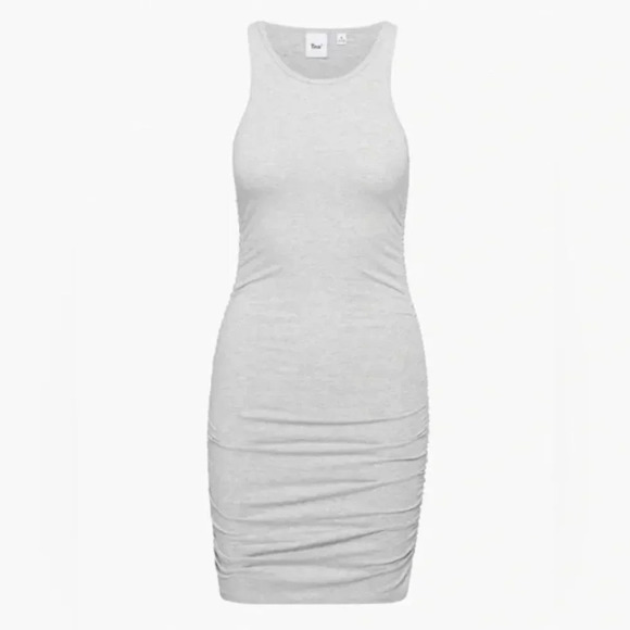 Aritzia TNA Chill Malibu Ruched Mini Dress Heather White Grey Size Medium - Picture 2 of 8